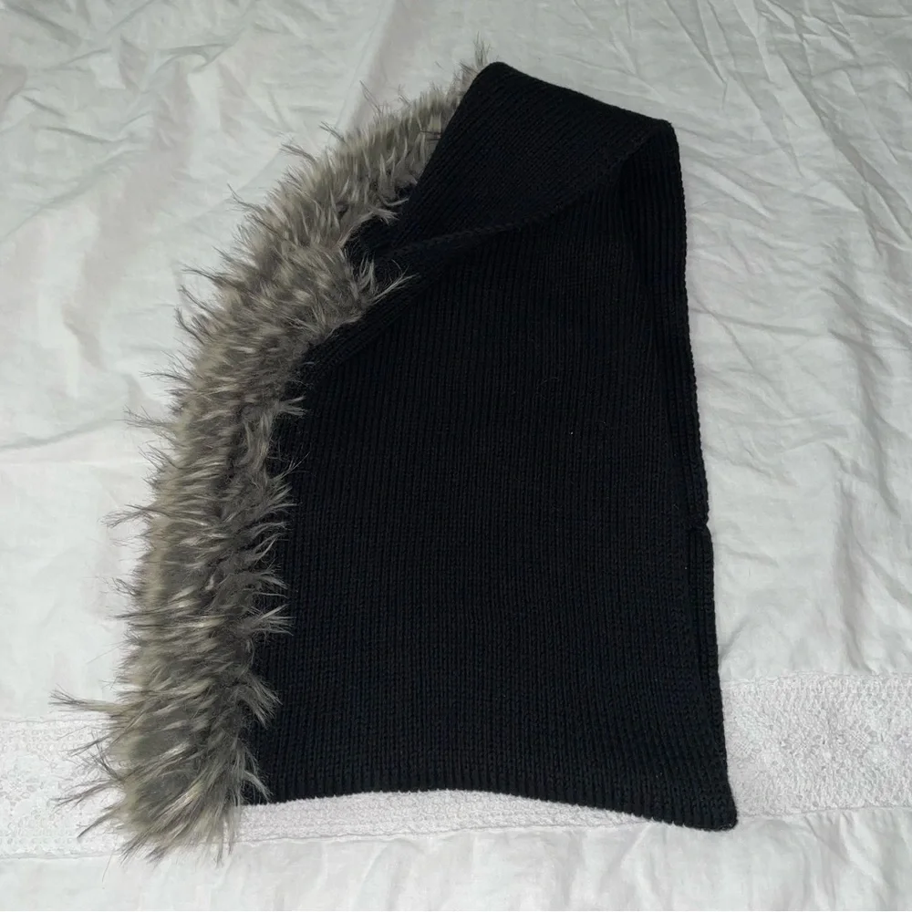 CAbi Black Knit Infinity Scarf with Gray Faux Fur Trim
